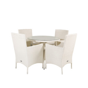 Volta, Malin – Ensemble repas – Blanc – Table : ⌀90 Chaise : 65 x 92 x 58 cm