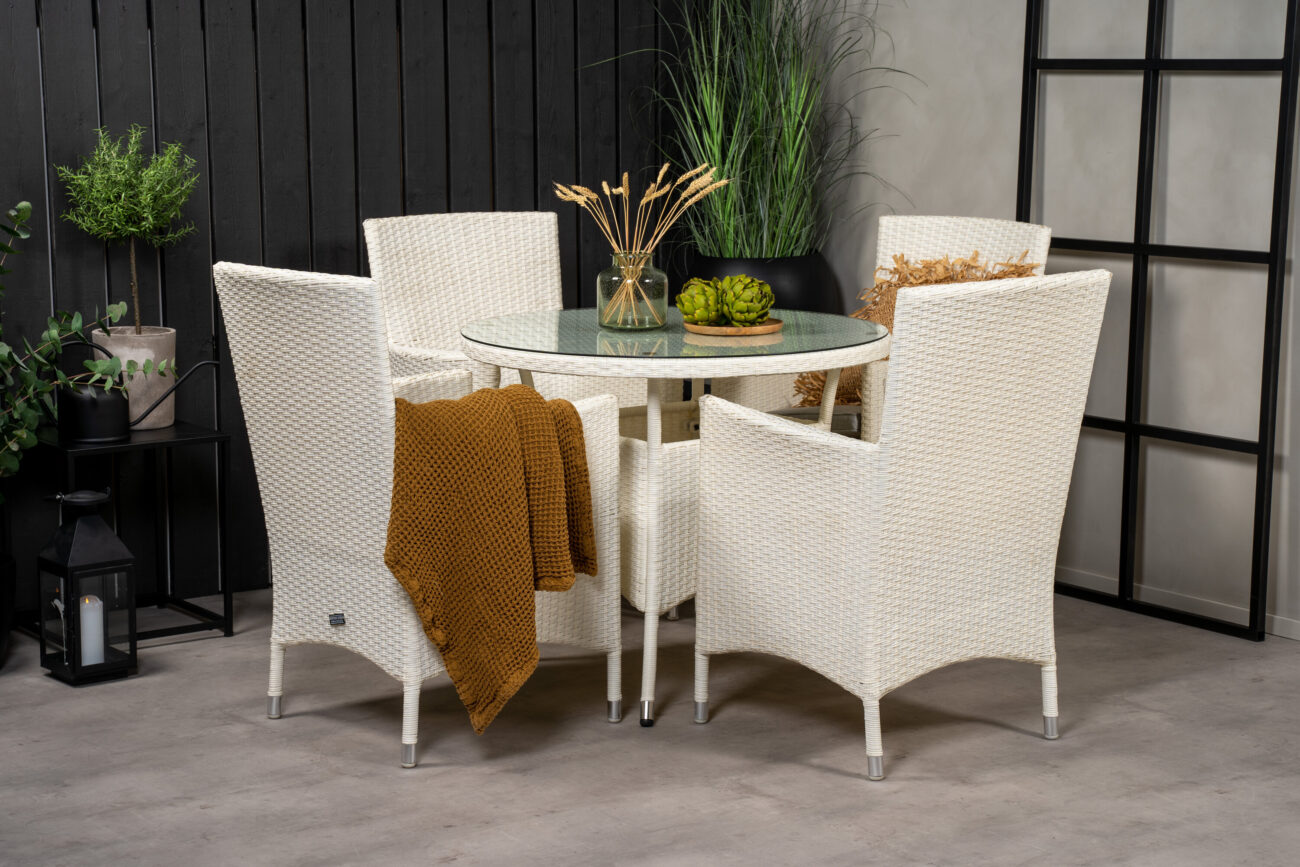Volta, Malin – Ensemble repas – Blanc – Table : ⌀90 Chaise : 65 x 92 x 58 cm