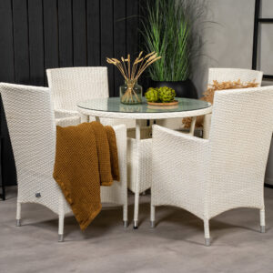 Volta, Malin – Ensemble repas – Blanc – Table : ⌀90 Chaise : 65 x 92 x 58 cm