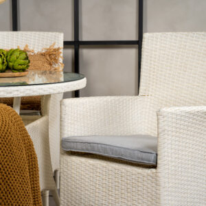 Volta, Malin – Ensemble repas – Blanc – Table : ⌀90 Chaise : 65 x 92 x 58 cm