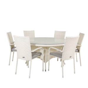 Volta, Anna – Ensemble repas – Blanc – Table : ⌀150 Chaise : 62 x 96 x 55 cm