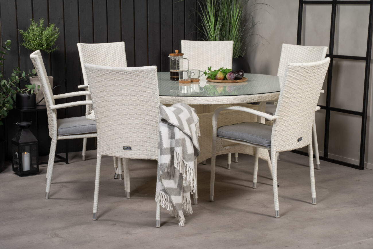 Volta, Anna – Ensemble repas – Blanc – Table : ⌀150 Chaise : 62 x 96 x 55 cm