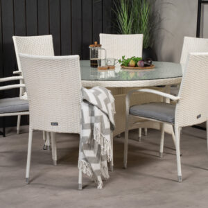 Volta, Anna – Ensemble repas – Blanc – Table : ⌀150 Chaise : 62 x 96 x 55 cm