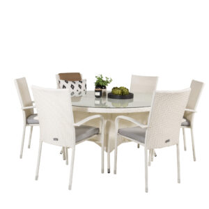 Volta, Anna – Ensemble repas – Blanc – Table : ⌀150 Chaise : 62 x 96 x 55 cm