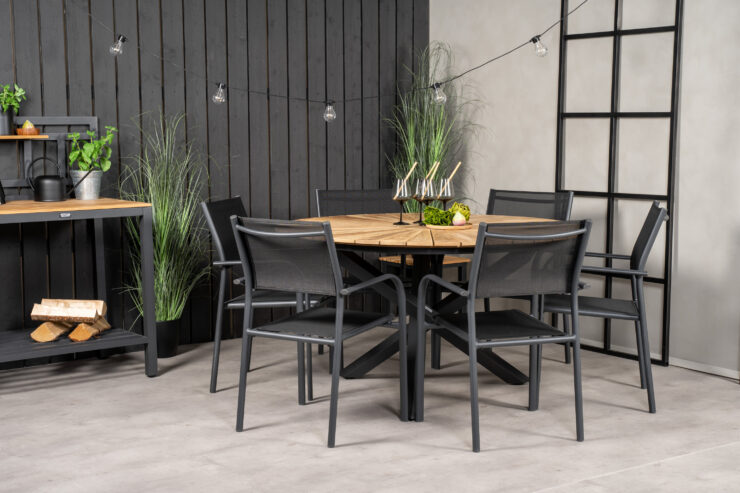 Mexico, Santorini – Ensemble repas – Noir – Table : ⌀140 Chaise : 58 x 88 x 56 cm