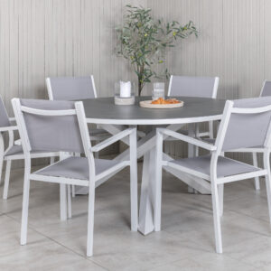 Copacabana, Copacabana – Ensemble repas – Gris – Table : ⌀140 Chaise : 60,5 x 88 x 56,5 cm