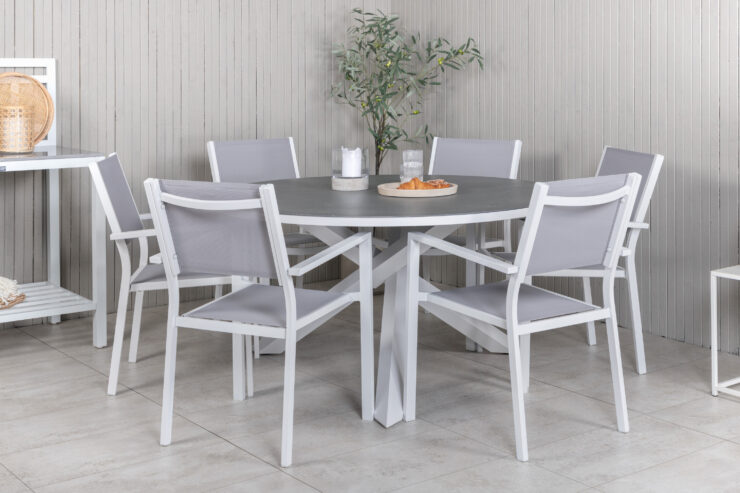 Copacabana, Copacabana – Ensemble repas – Gris – Table : ⌀140 Chaise : 60,5 x 88 x 56,5 cm