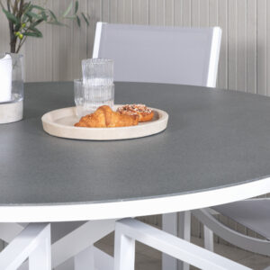 Copacabana, Copacabana – Ensemble repas – Gris – Table : ⌀140 Chaise : 60,5 x 88 x 56,5 cm