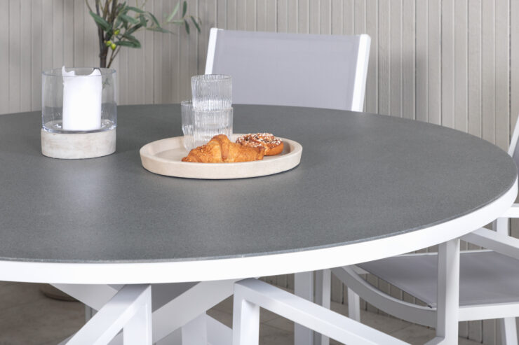 Copacabana, Copacabana – Ensemble repas – Gris – Table : ⌀140 Chaise : 60,5 x 88 x 56,5 cm