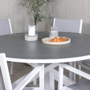 Copacabana, Copacabana – Ensemble repas – Gris – Table : ⌀140 Chaise : 60,5 x 88 x 56,5 cm