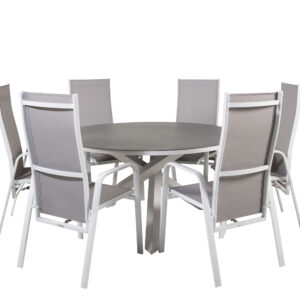 Copacabana, Copacabana – Ensemble repas – Gris – Table : ⌀140 Chaise : 65 x 110 x 56,5 cm