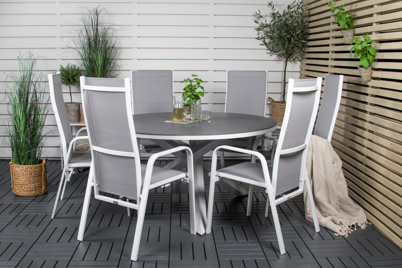 Copacabana, Copacabana – Ensemble repas – Gris – Table : ⌀140 Chaise : 65 x 110 x 56,5 cm