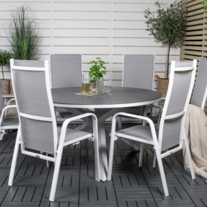 Copacabana, Copacabana – Ensemble repas – Gris – Table : ⌀140 Chaise : 65 x 110 x 56,5 cm