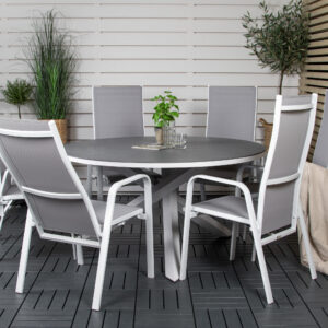 Copacabana, Copacabana – Ensemble repas – Gris – Table : ⌀140 Chaise : 65 x 110 x 56,5 cm
