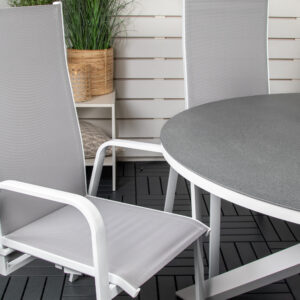 Copacabana, Copacabana – Ensemble repas – Gris – Table : ⌀140 Chaise : 65 x 110 x 56,5 cm