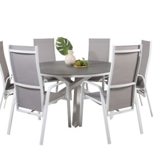 Copacabana, Copacabana – Ensemble repas – Gris – Table : ⌀140 Chaise : 65 x 110 x 56,5 cm