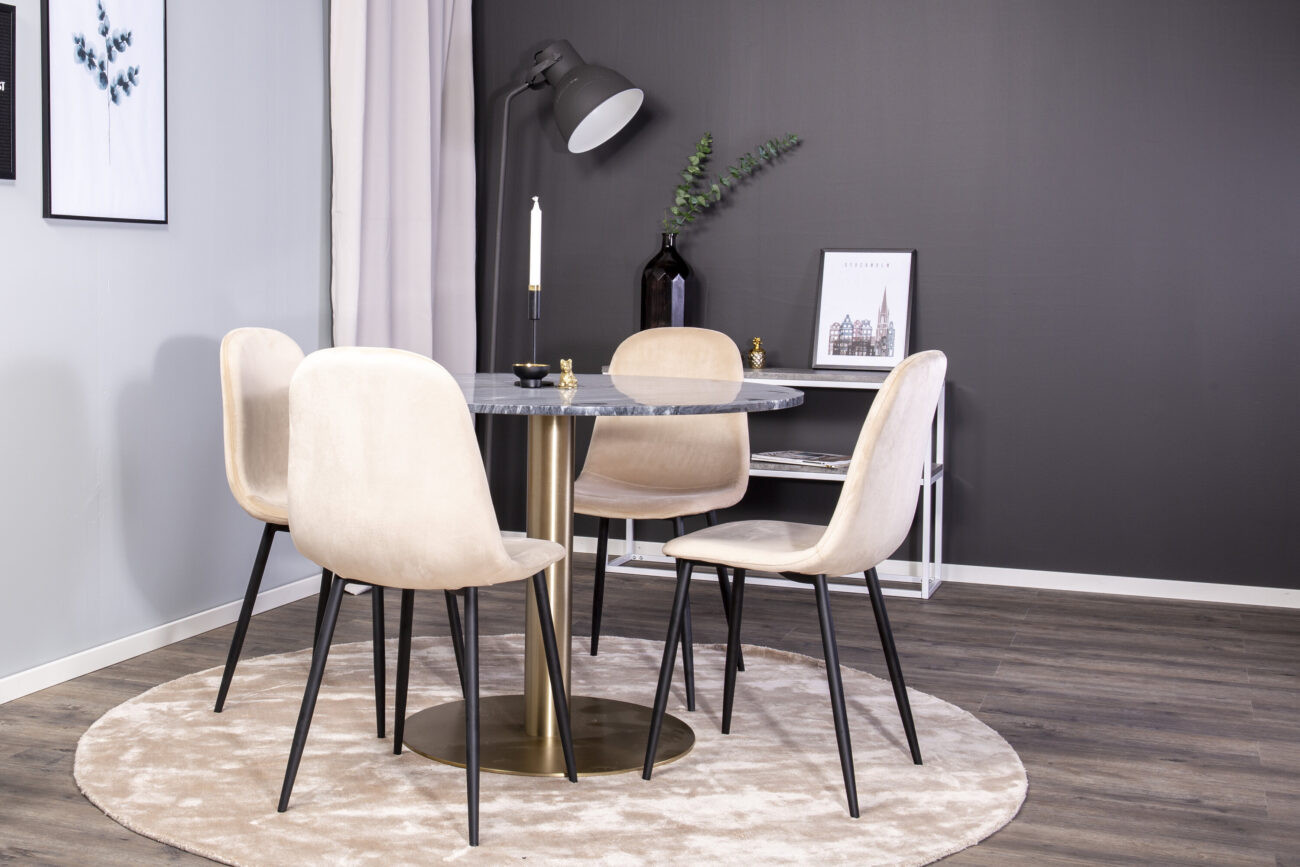 Estelle, Polar – Ensemble repas rond – Gris foncé – Table : ⌀106 Chaise : 53,3 x 88 x 42,5 cm