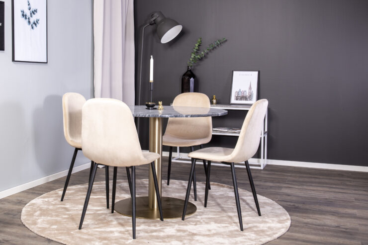 Estelle, Polar – Ensemble repas rond – Gris foncé – Table : ⌀106 Chaise : 53,3 x 88 x 42,5 cm