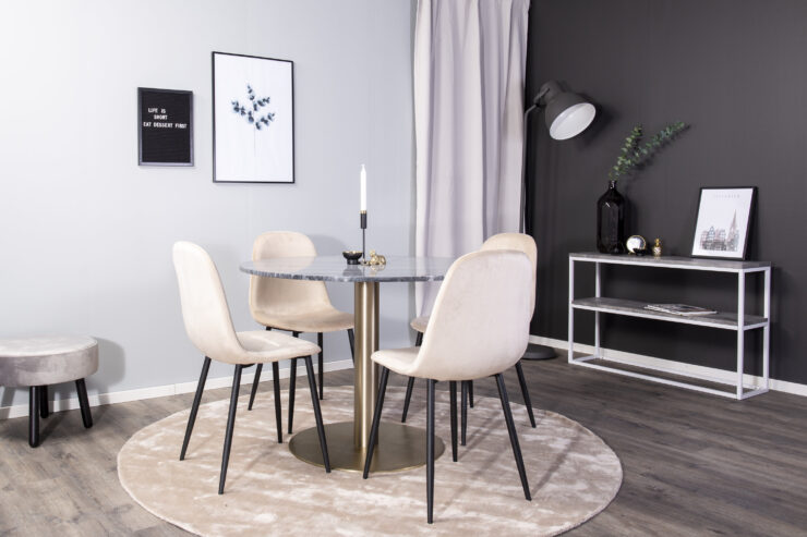 Estelle, Polar – Ensemble repas rond – Gris foncé – Table : ⌀106 Chaise : 53,3 x 88 x 42,5 cm