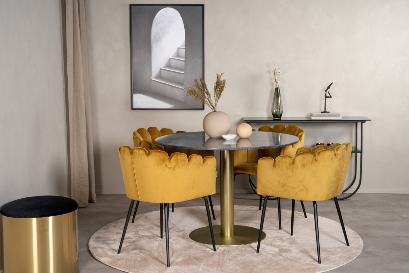 Estelle, Limhamn – Ensemble repas rond – Gris foncé – Table : ⌀106 Chaise : 54 x 76,56 x 61 cm