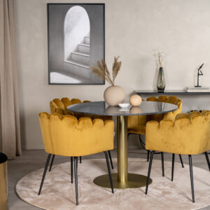 Estelle, Limhamn – Ensemble repas rond – Gris foncé – Table : ⌀106 Chaise : 54 x 76,56 x 61 cm