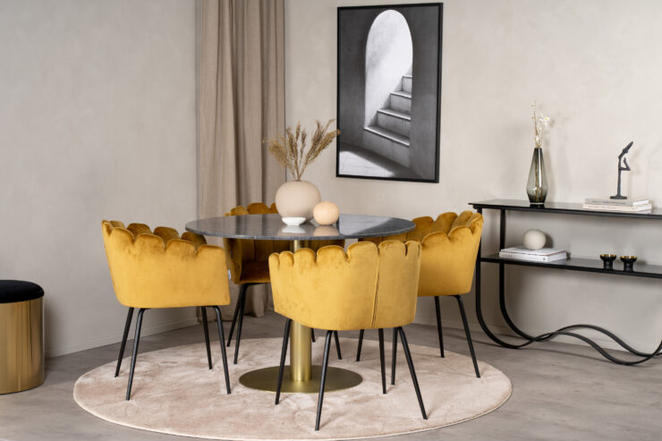Estelle, Limhamn – Ensemble repas rond – Gris foncé – Table : ⌀106 Chaise : 54 x 76,56 x 61 cm