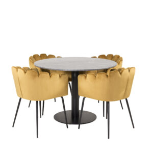 Estelle, Limhamn – Ensemble repas rond – Gris foncé – Table : ⌀106 Chaise : 54 x 76,56 x 61 cm
