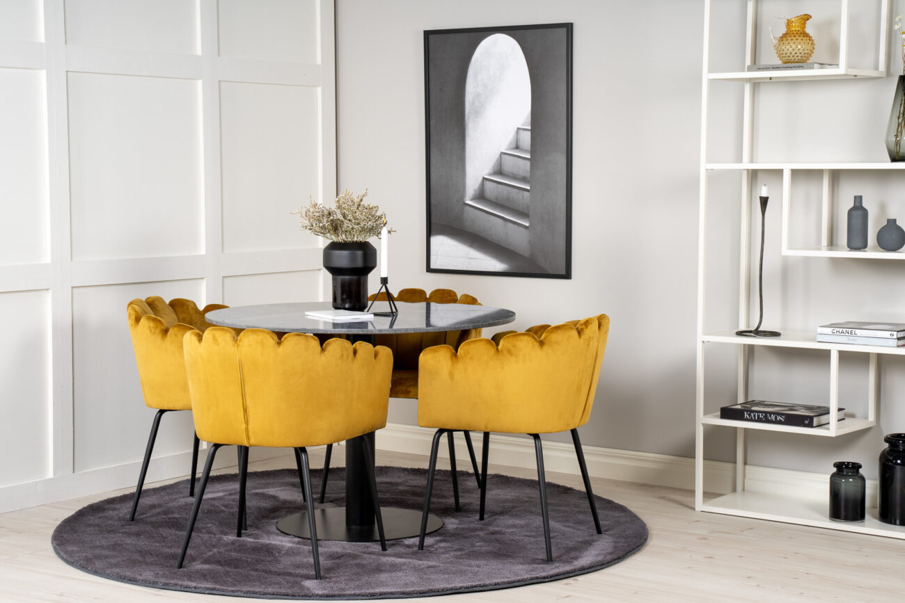 Estelle, Limhamn – Ensemble repas rond – Gris foncé – Table : ⌀106 Chaise : 54 x 76,56 x 61 cm