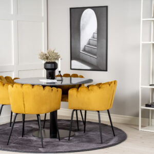 Estelle, Limhamn – Ensemble repas rond – Gris foncé – Table : ⌀106 Chaise : 54 x 76,56 x 61 cm
