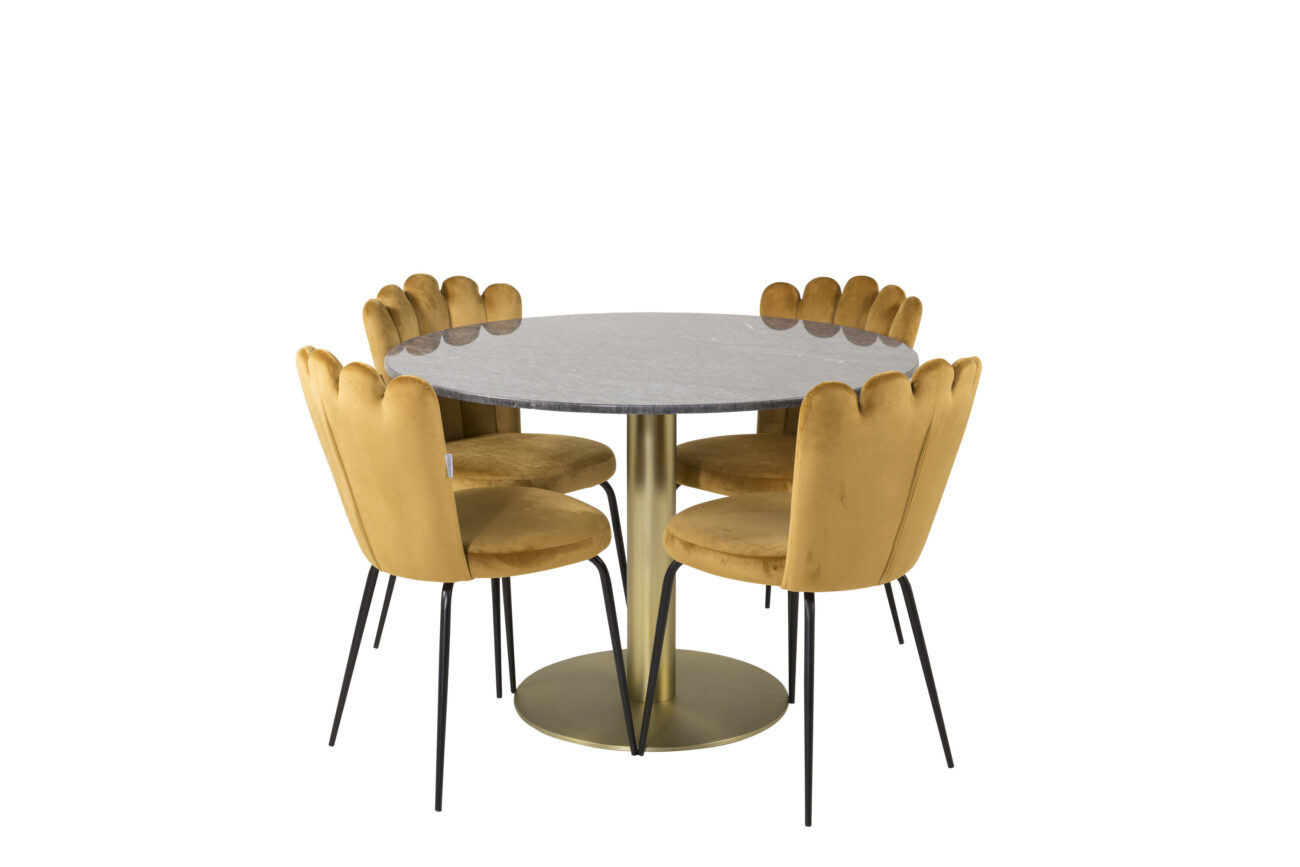 Estelle, Limhamn – Ensemble repas rond – Gris foncé – Table : ⌀106 Chaise : 54 x 82,5 x 44,5 cm