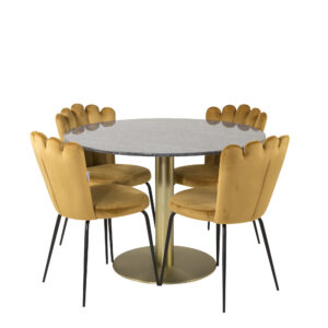 Estelle, Limhamn – Ensemble repas rond – Gris foncé – Table : ⌀106 Chaise : 54 x 82,5 x 44,5 cm