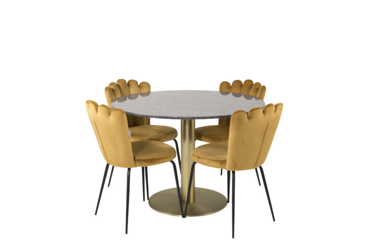 Estelle, Limhamn – Ensemble repas rond – Gris foncé – Table : ⌀106 Chaise : 54 x 82,5 x 44,5 cm