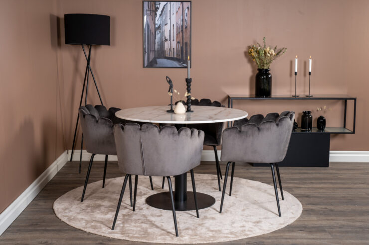 Estelle, Limhamn – Ensemble repas rond – Blanc – Table : ⌀106 Chaise : 54 x 76,56 x 61 cm