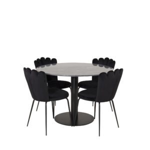Estelle, Limhamn – Ensemble repas rond – Gris foncé – Table : ⌀106 Chaise : 54 x 82,5 x 44,5 cm