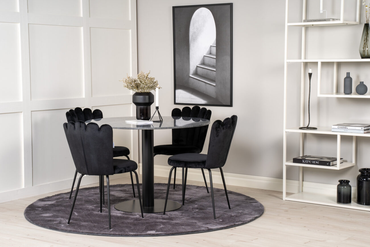 Estelle, Limhamn – Ensemble repas rond – Gris foncé – Table : ⌀106 Chaise : 54 x 82,5 x 44,5 cm