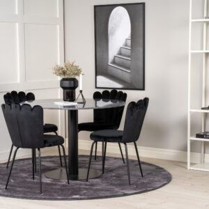 Estelle, Limhamn – Ensemble repas rond – Gris foncé – Table : ⌀106 Chaise : 54 x 82,5 x 44,5 cm