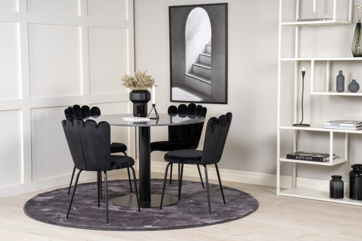 Estelle, Limhamn – Ensemble repas rond – Gris foncé – Table : ⌀106 Chaise : 54 x 82,5 x 44,5 cm