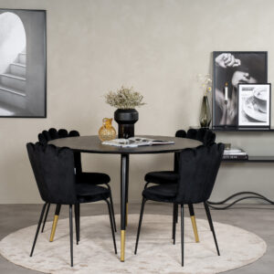 Dipp, Limhamn – Ensemble repas rond – Noir – Table : ⌀115 Chaise : 54 x 82,5 x 44,5 cm