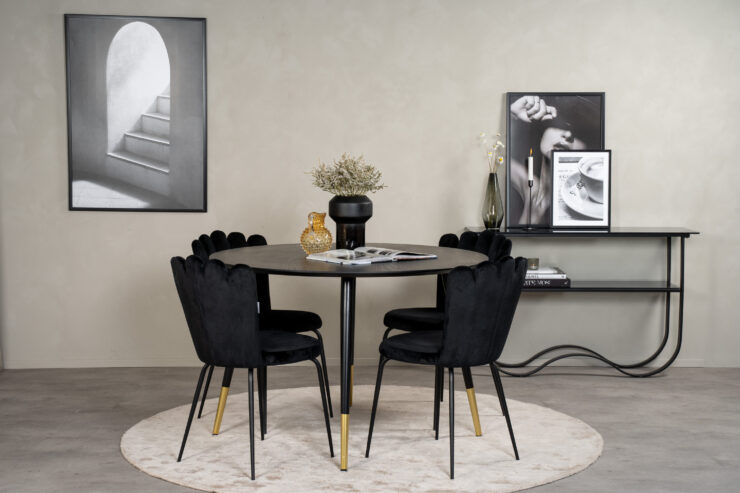 Dipp, Limhamn – Ensemble repas rond – Noir – Table : ⌀115 Chaise : 54 x 82,5 x 44,5 cm