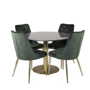 Estelle, Velvet Deluxe – Ensemble repas rond – Gris foncé – Table : ⌀106 Chaise : 66 x 88,5 x 50 cm