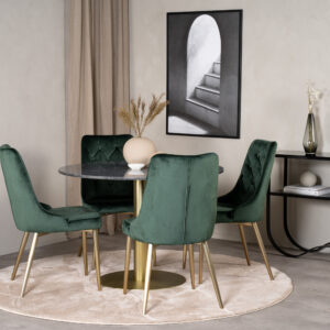 Estelle, Velvet Deluxe – Ensemble repas rond – Gris foncé – Table : ⌀106 Chaise : 66 x 88,5 x 50 cm