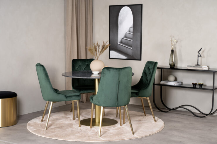 Estelle, Velvet Deluxe – Ensemble repas rond – Gris foncé – Table : ⌀106 Chaise : 66 x 88,5 x 50 cm