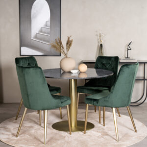 Estelle, Velvet Deluxe – Ensemble repas rond – Gris foncé – Table : ⌀106 Chaise : 66 x 88,5 x 50 cm