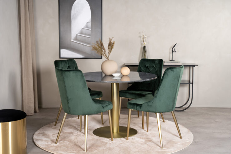 Estelle, Velvet Deluxe – Ensemble repas rond – Gris foncé – Table : ⌀106 Chaise : 66 x 88,5 x 50 cm