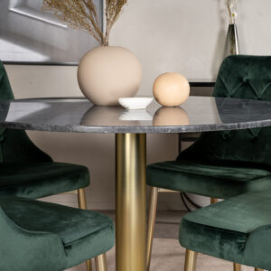 Estelle, Velvet Deluxe – Ensemble repas rond – Gris foncé – Table : ⌀106 Chaise : 66 x 88,5 x 50 cm
