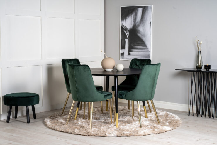 Dipp, Velvet Deluxe – Ensemble repas rond – Noir – Table : ⌀115 Chaise : 66 x 88,5 x 50 cm