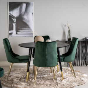 Dipp, Velvet Deluxe – Ensemble repas rond – Noir – Table : ⌀115 Chaise : 66 x 88,5 x 50 cm