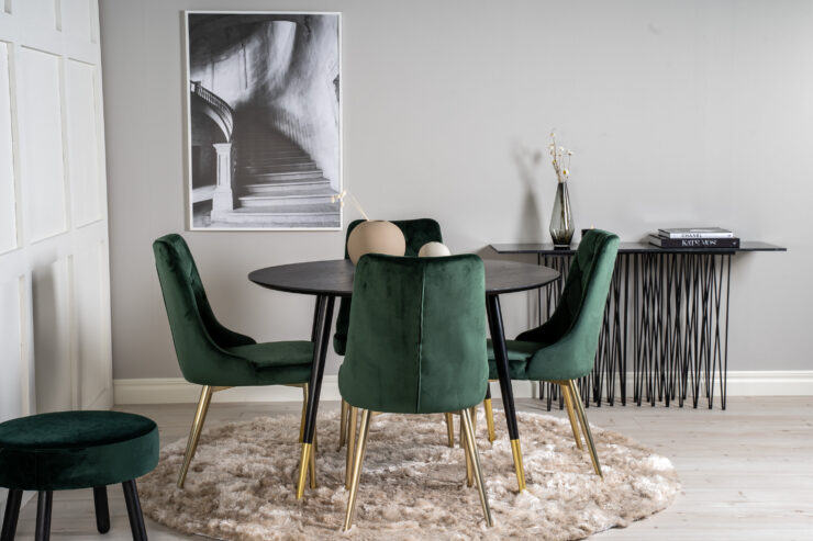 Dipp, Velvet Deluxe – Ensemble repas rond – Noir – Table : ⌀115 Chaise : 66 x 88,5 x 50 cm