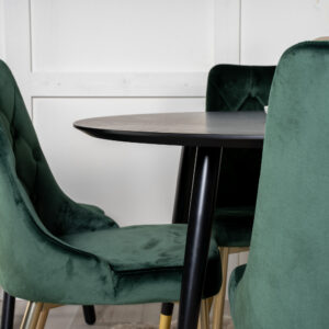Dipp, Velvet Deluxe – Ensemble repas rond – Noir – Table : ⌀115 Chaise : 66 x 88,5 x 50 cm