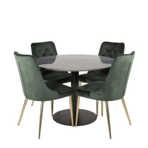 Estelle, Velvet Deluxe – Ensemble repas rond – Gris foncé – Table : ⌀106 Chaise : 66 x 88,5 x 50 cm